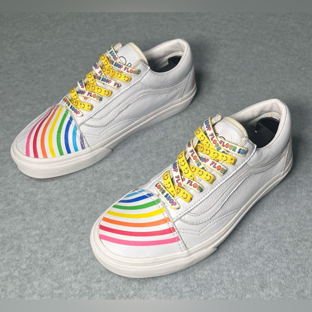 Vans Flour Shop Rainbow White Leather Sneakers Women’s Size 7.5